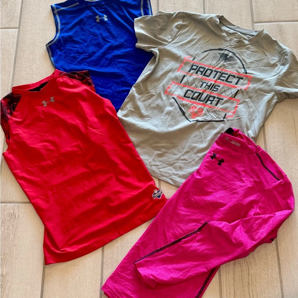 LOT of 4 TOPS Under Armour Youth Athletic Shirts Boys Large / XL HeatGear